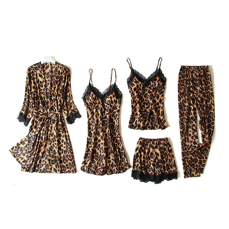 Five-piece Pajamas Women's Summer Sexy Leopard Print Thin Ice Silk Suspenders