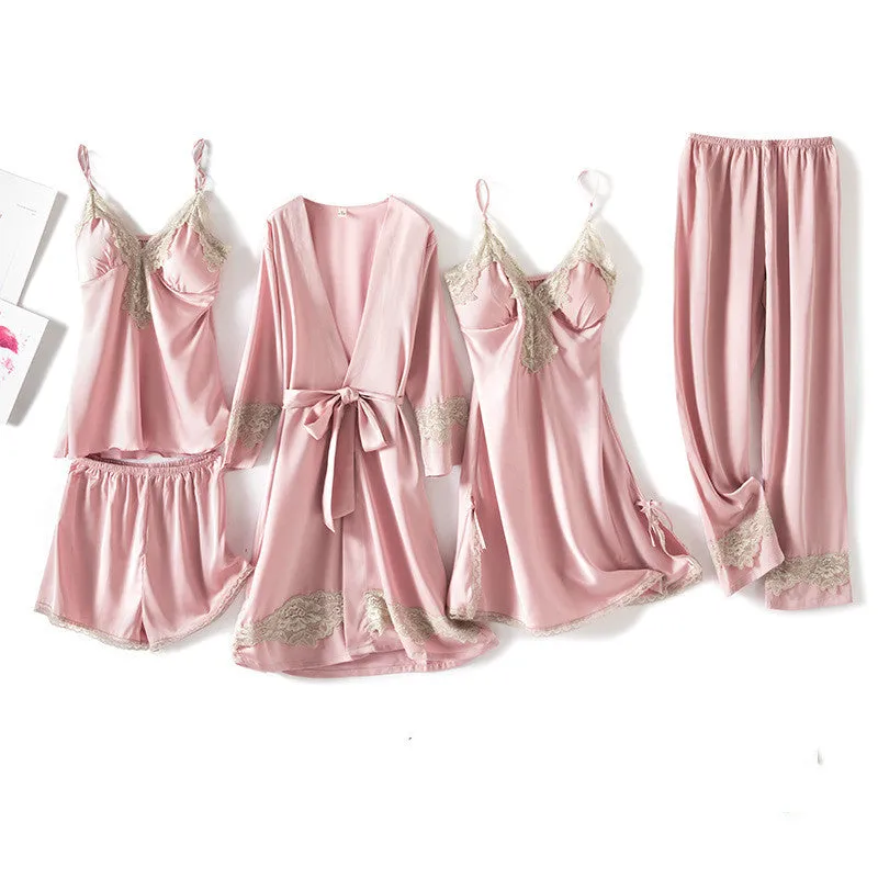 Five-piece Pajamas Women's Summer Sexy Leopard Print Thin Ice Silk Suspenders
