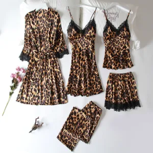 Five-piece Pajamas Women's Summer Sexy Leopard Print Thin Ice Silk Suspenders