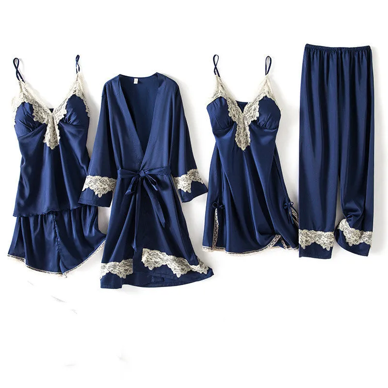 Five-piece Pajamas Women's Summer Sexy Leopard Print Thin Ice Silk Suspenders