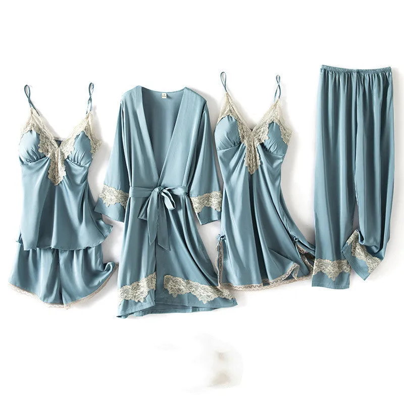 Five-piece Pajamas Women's Summer Sexy Leopard Print Thin Ice Silk Suspenders