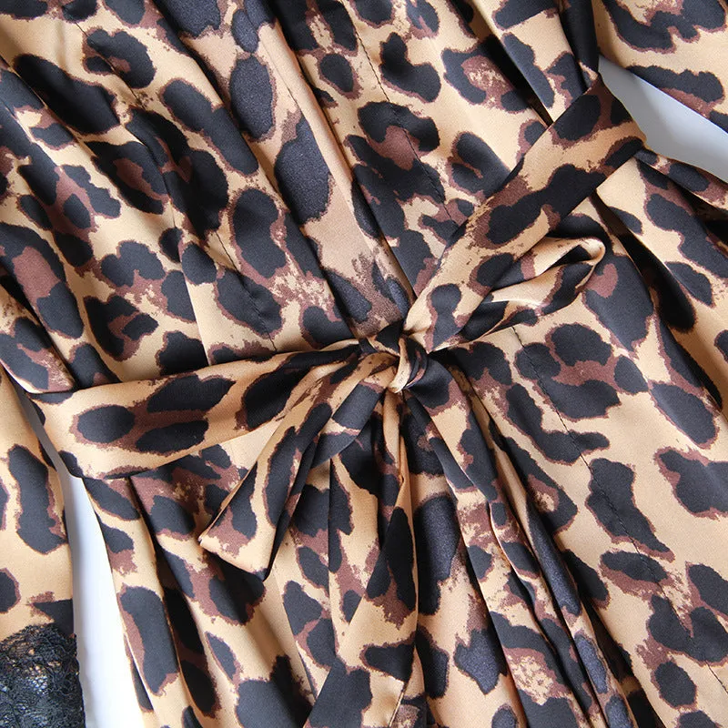 Five-piece Pajamas Women's Summer Sexy Leopard Print Thin Ice Silk Suspenders