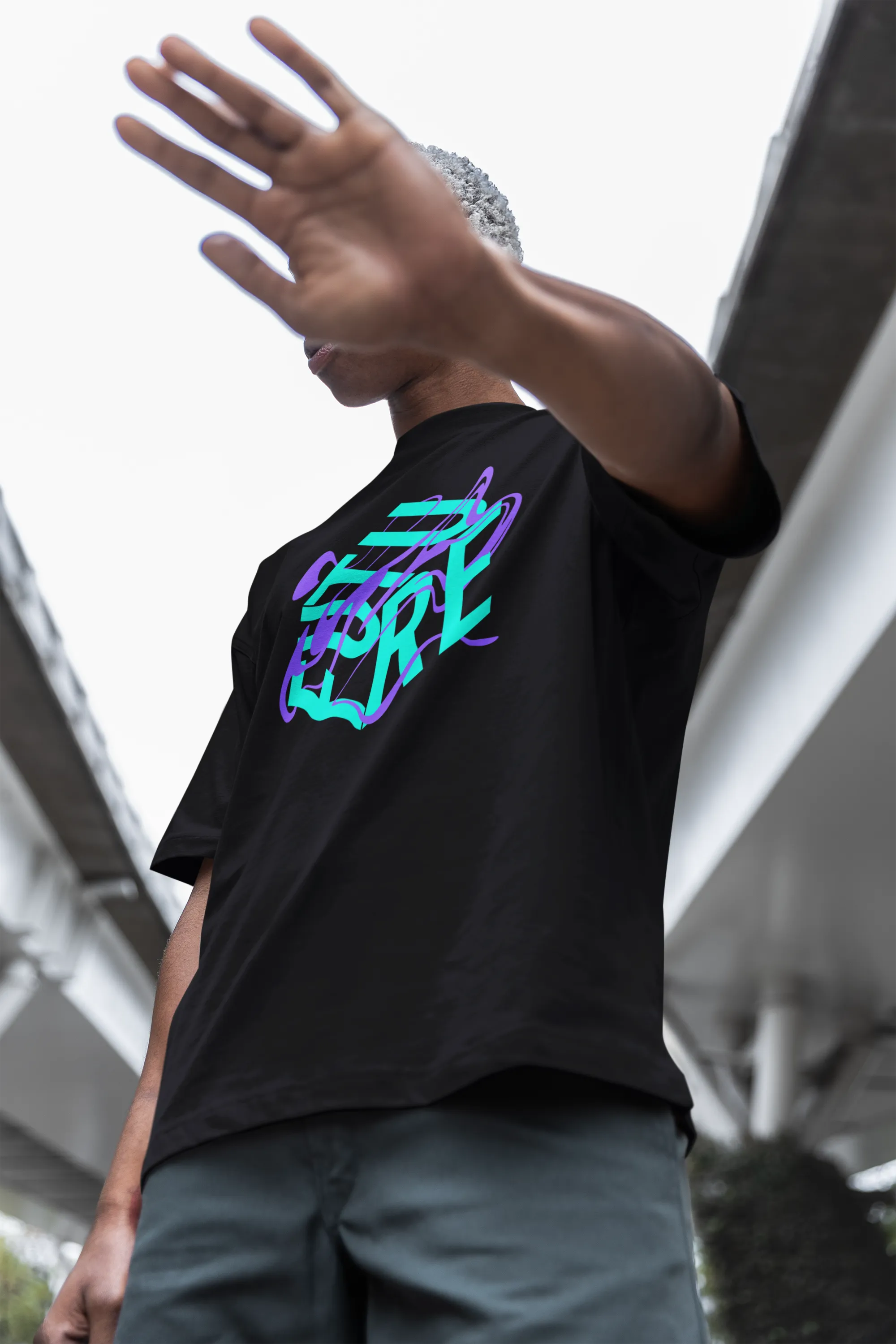 Future is Fluid Graphic Tee Teal and Purple Surreal Graphic Tee on front of Black Oversize Deep Drop Shoulder Tee - 190 GSM