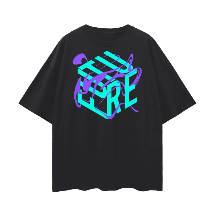 Future is Fluid Graphic Tee Teal and Purple Surreal Graphic Tee on front of Black Oversize Deep Drop Shoulder Tee - 190 GSM