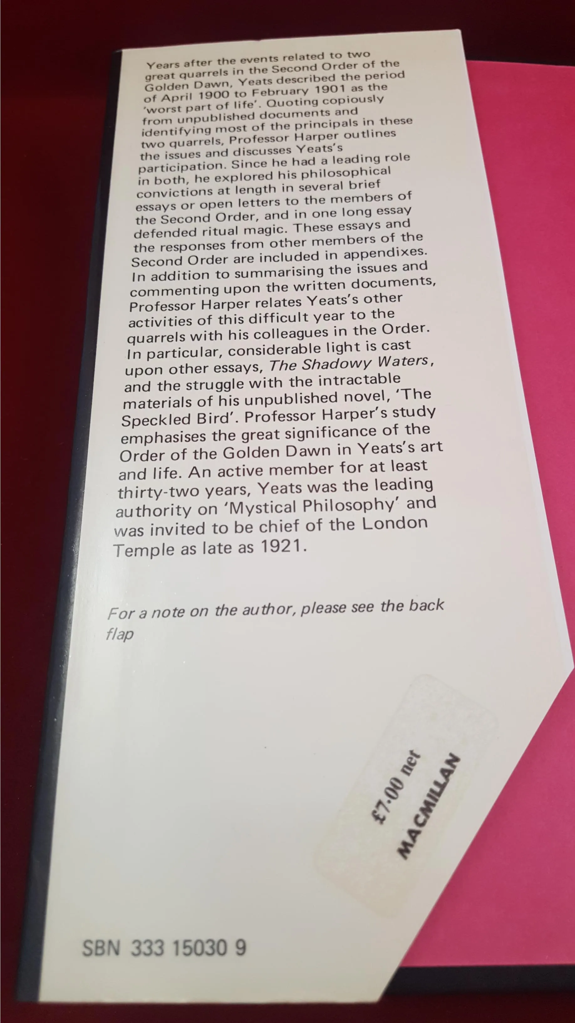 George Mills Harper - Yeats's Golden Dawn, Macmillan, 1974, First Edition