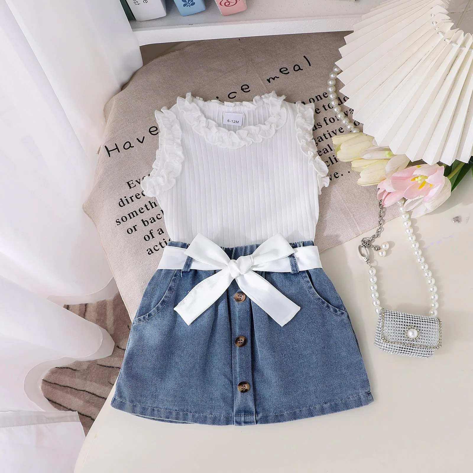 Girls suit sleeveless round neck vest   denim shorts new products