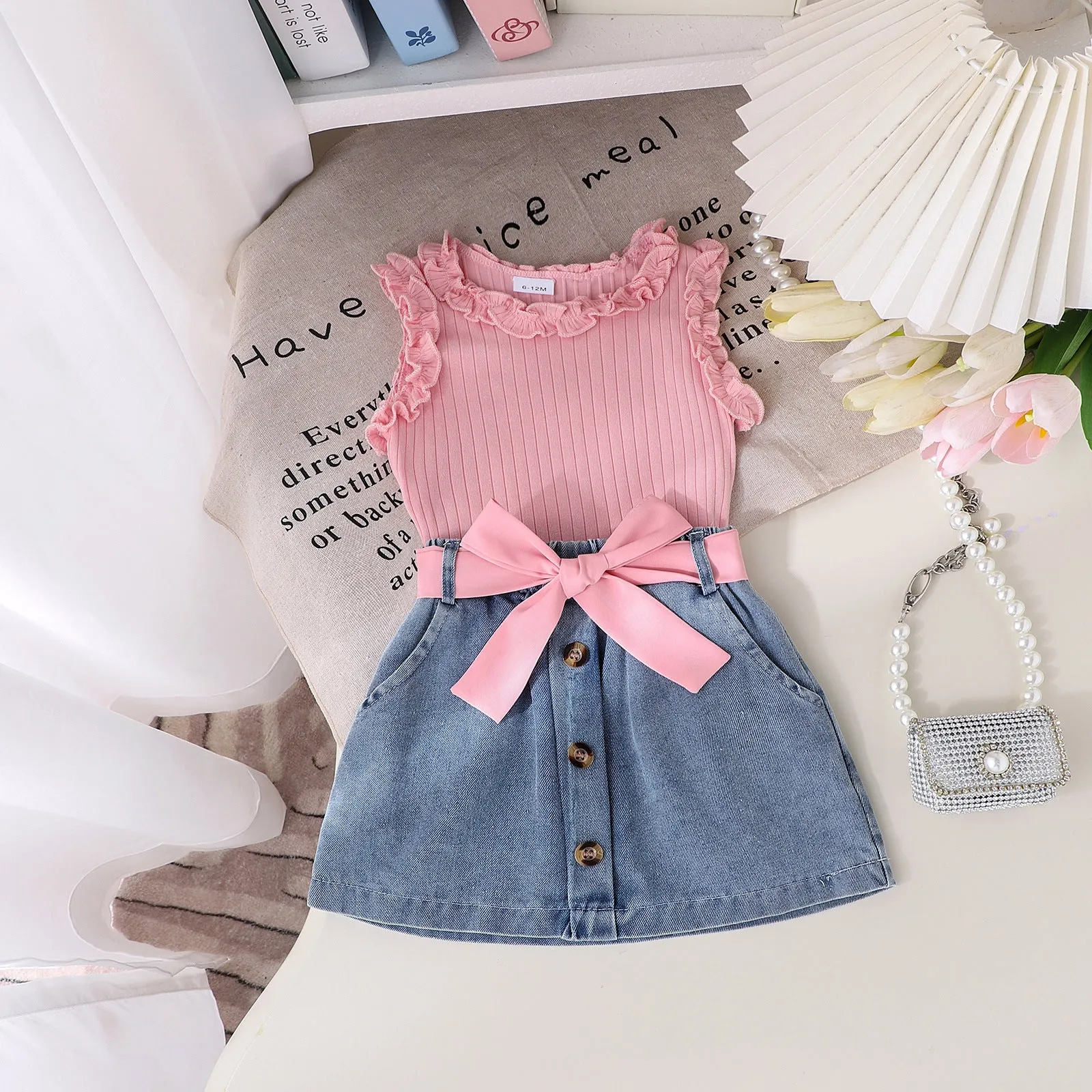 Girls suit sleeveless round neck vest   denim shorts new products