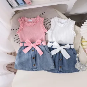 Girls suit sleeveless round neck vest   denim shorts new products