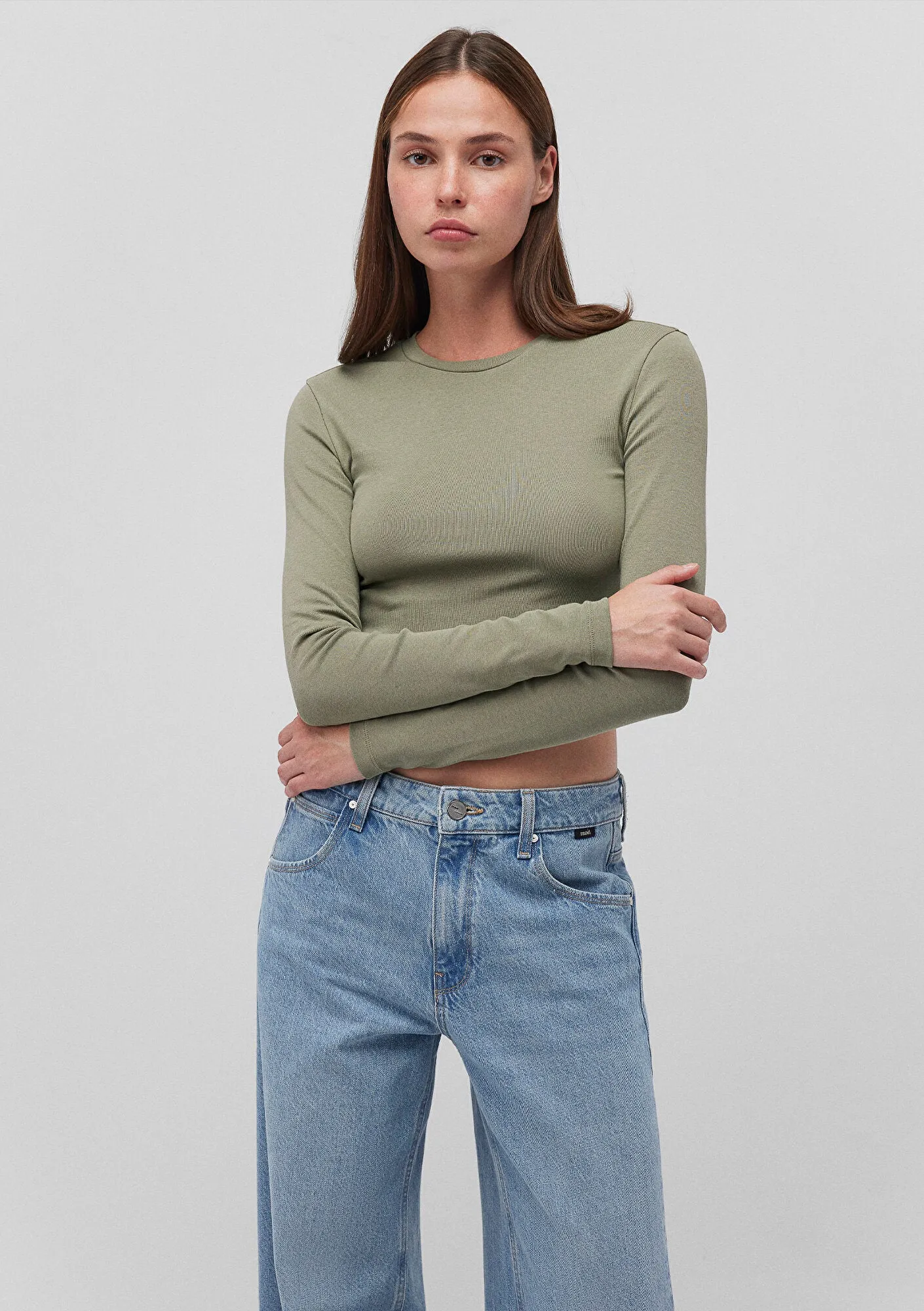 Green Long Sleeve Crop Basic T-Shirt