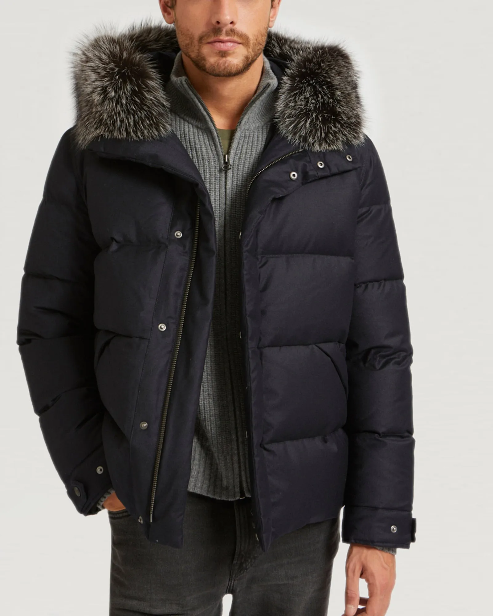 Hooded Down Jacket made with waterproof Loro Piana fabric and fox fur trim