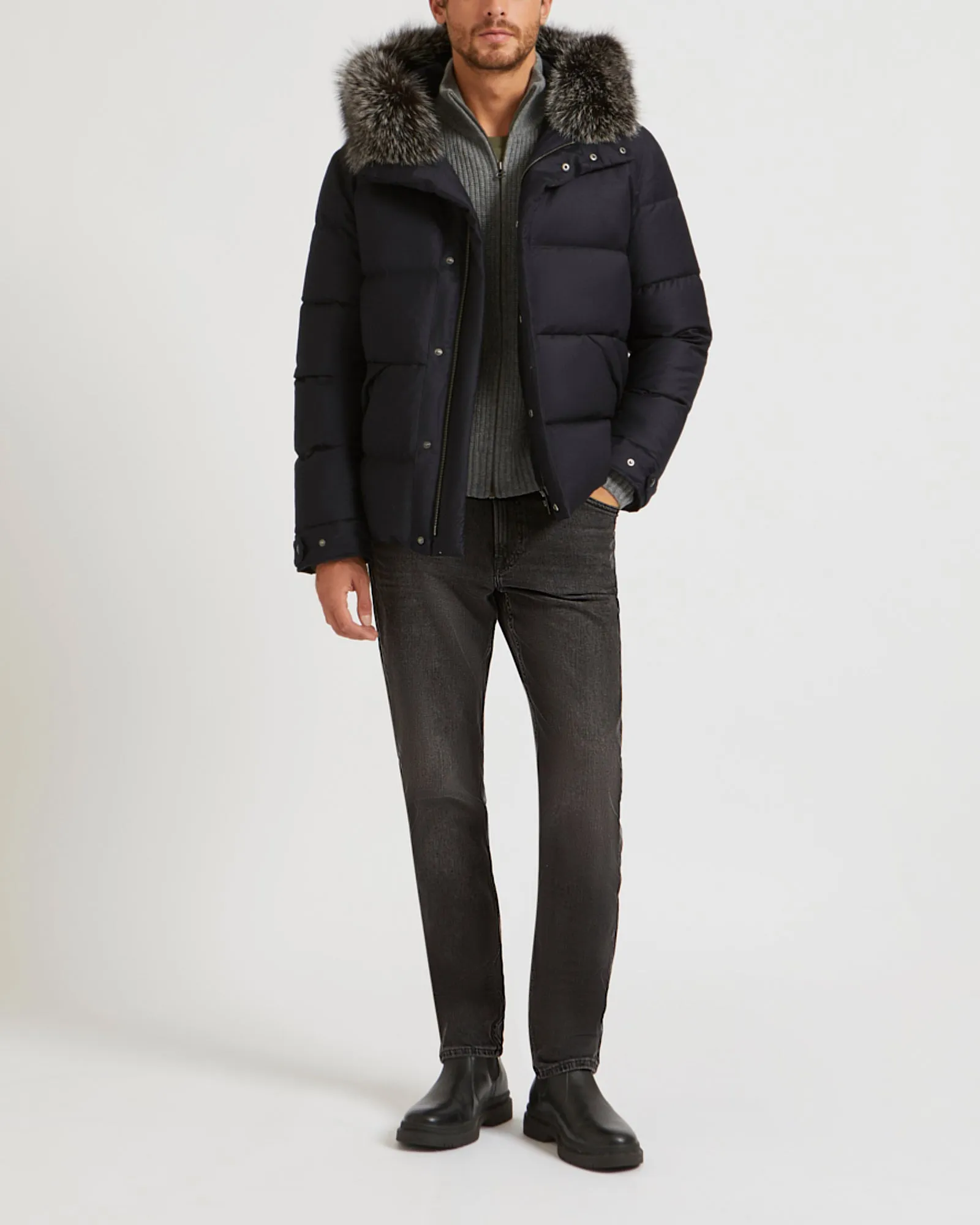 Hooded Down Jacket made with waterproof Loro Piana fabric and fox fur trim