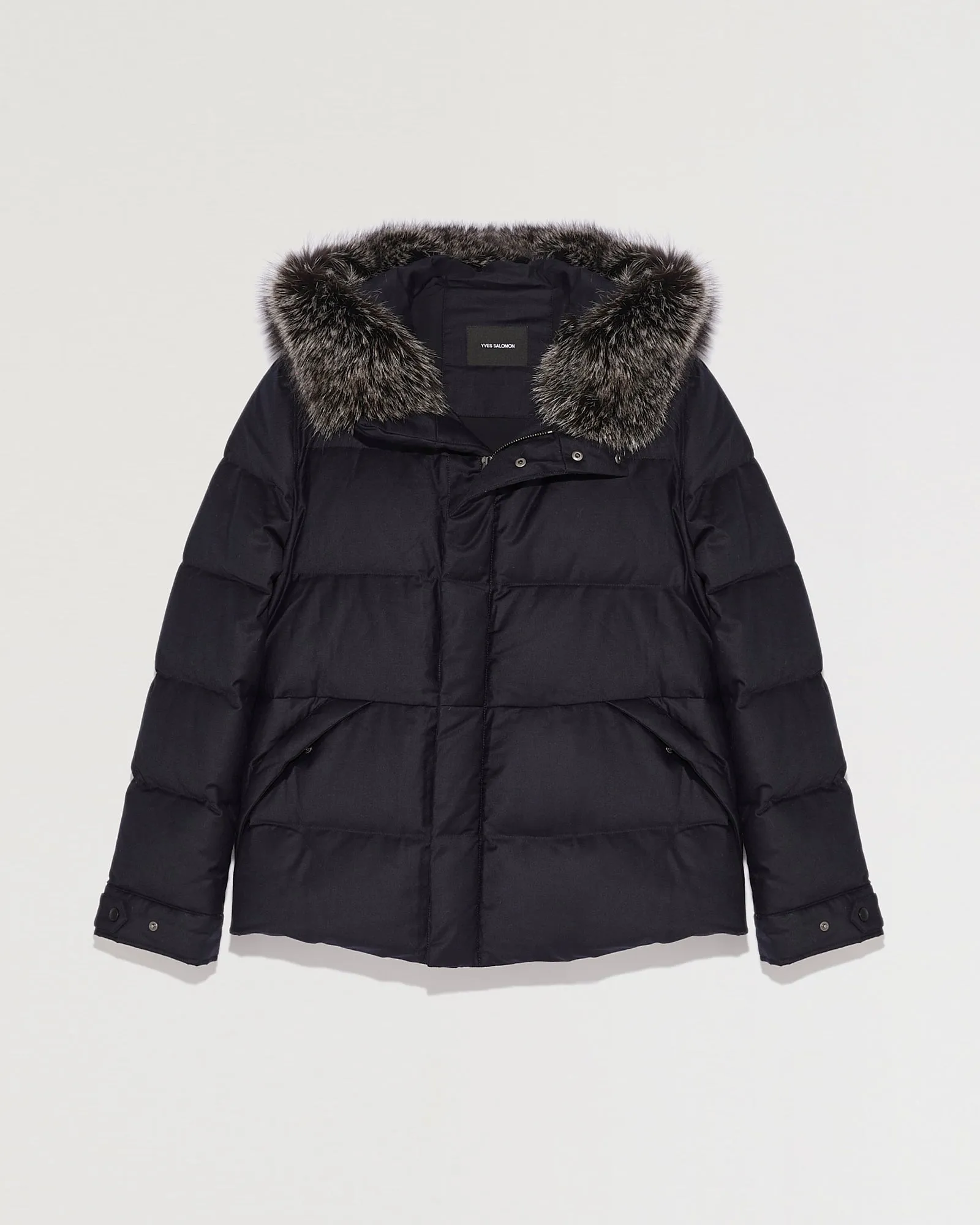Hooded Down Jacket made with waterproof Loro Piana fabric and fox fur trim