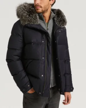 Hooded Down Jacket made with waterproof Loro Piana fabric and fox fur trim