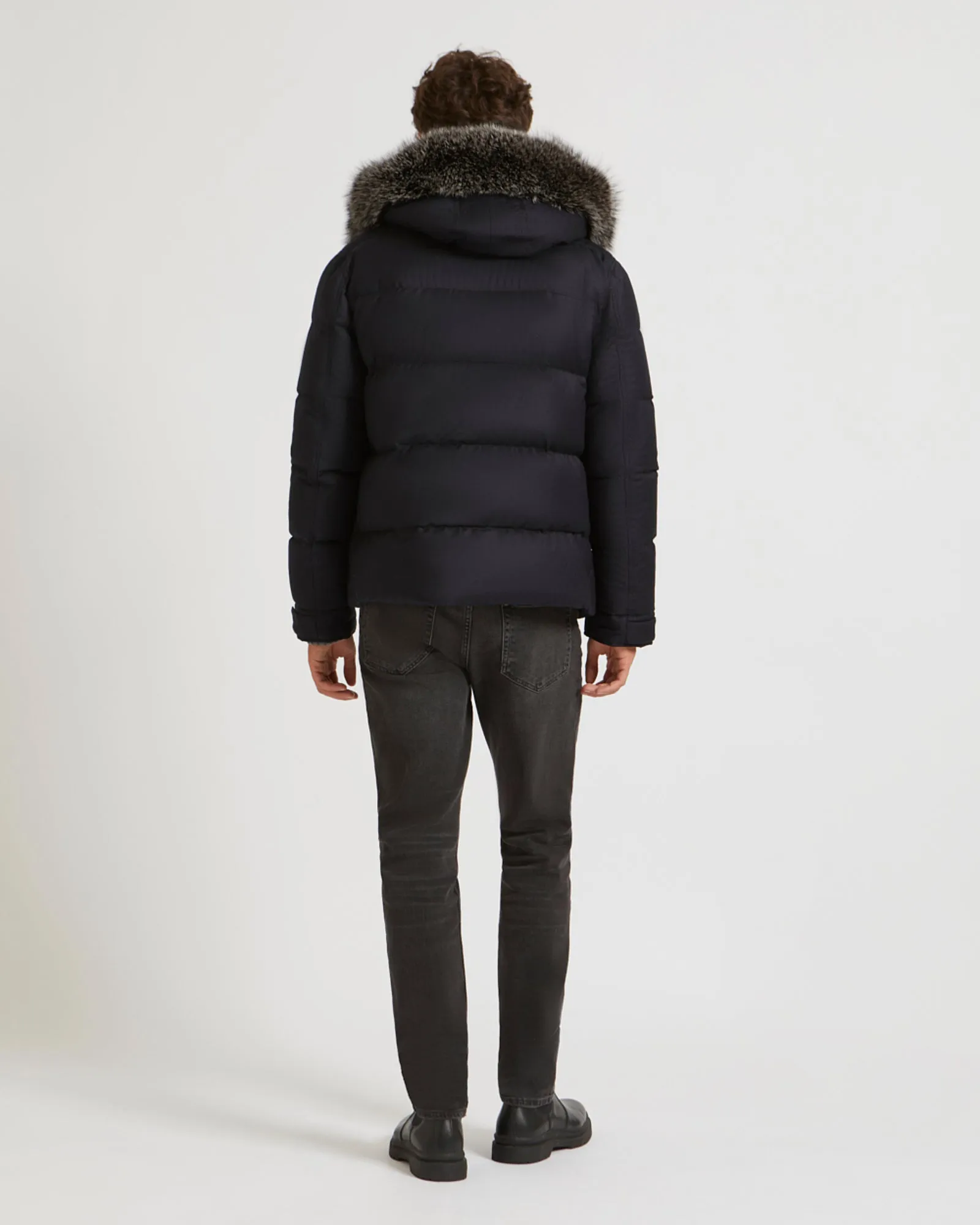 Hooded Down Jacket made with waterproof Loro Piana fabric and fox fur trim