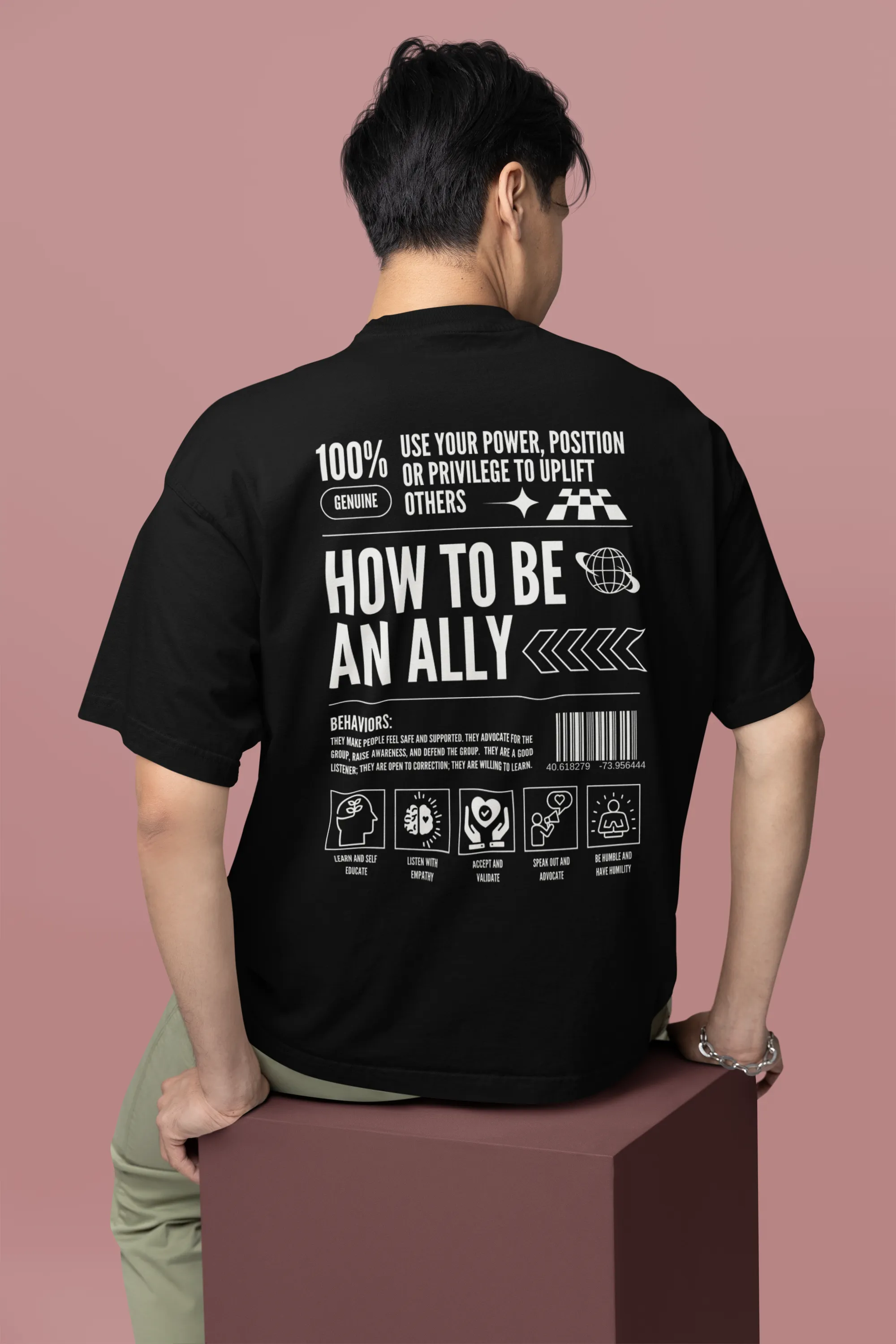 How to be an Ally Graphic Tee Streetwear Style LGBTQIA  Ally Black Oversize Deep Drop Shoulder Tee - 190 GSM