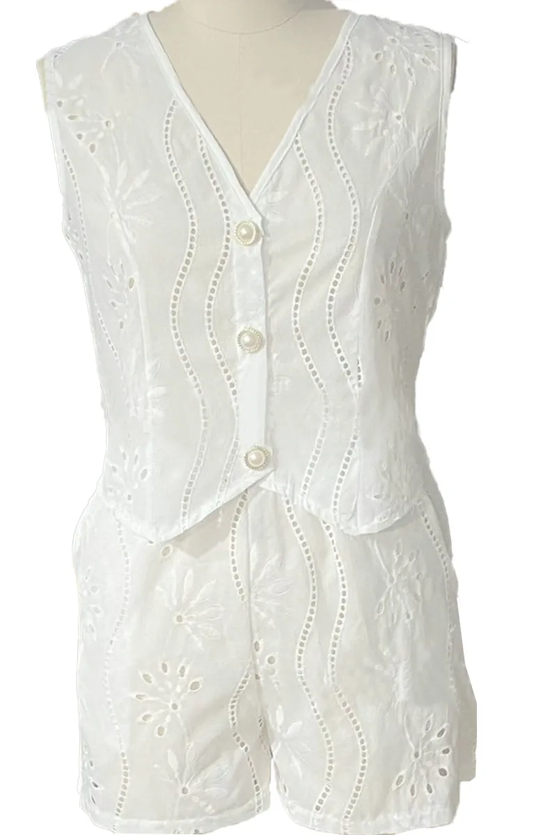 HUZ1108 2-Piece Eyelet Embroidered Vest & Shorts Set