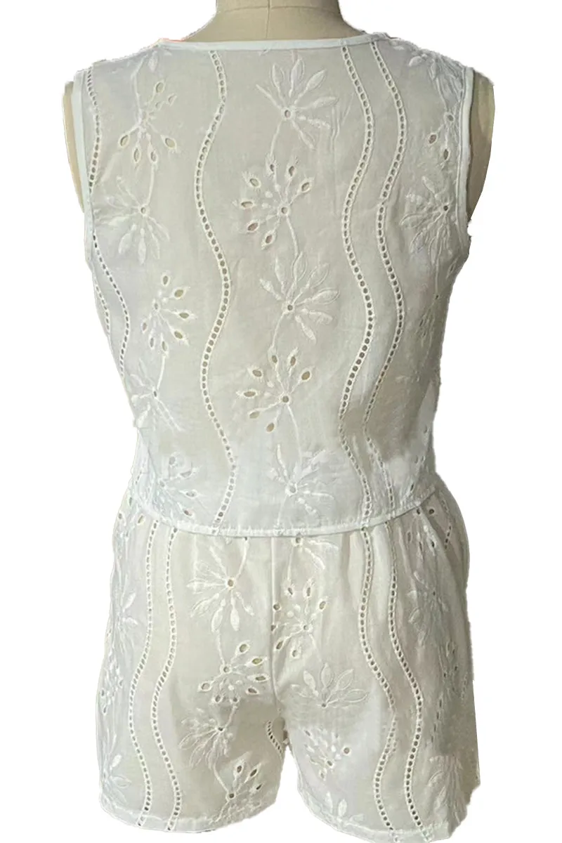 HUZ1108 2-Piece Eyelet Embroidered Vest & Shorts Set