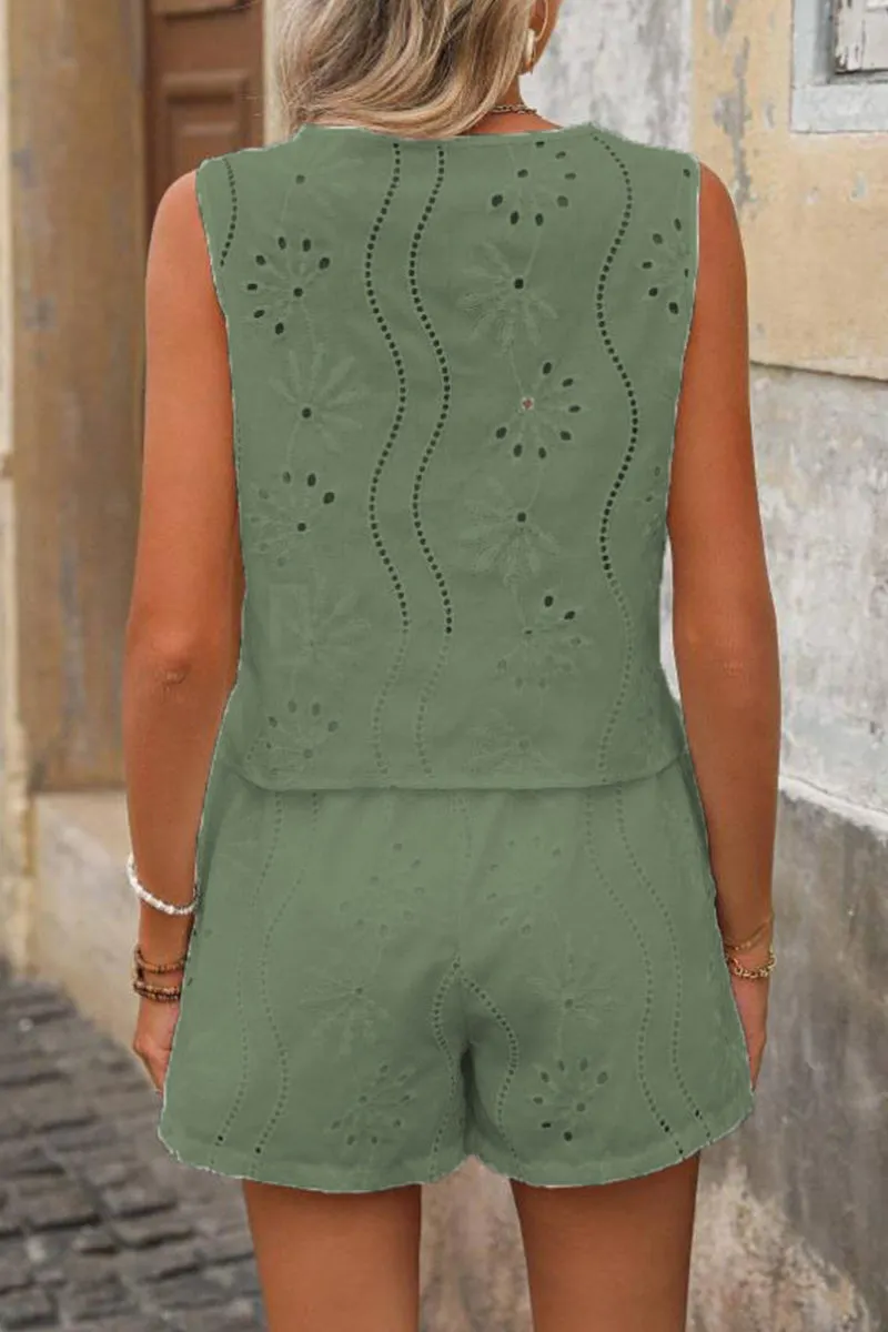 HUZ1108 2-Piece Eyelet Embroidered Vest & Shorts Set