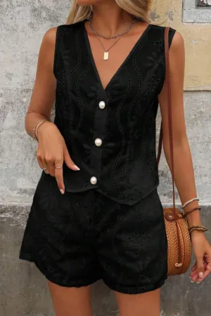HUZ1108 2-Piece Eyelet Embroidered Vest & Shorts Set