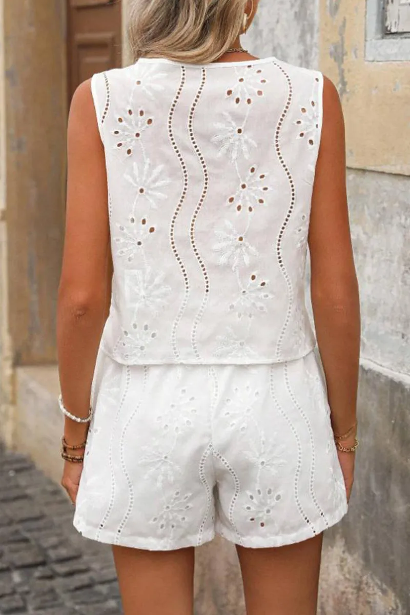 HUZ1108 2-Piece Eyelet Embroidered Vest & Shorts Set