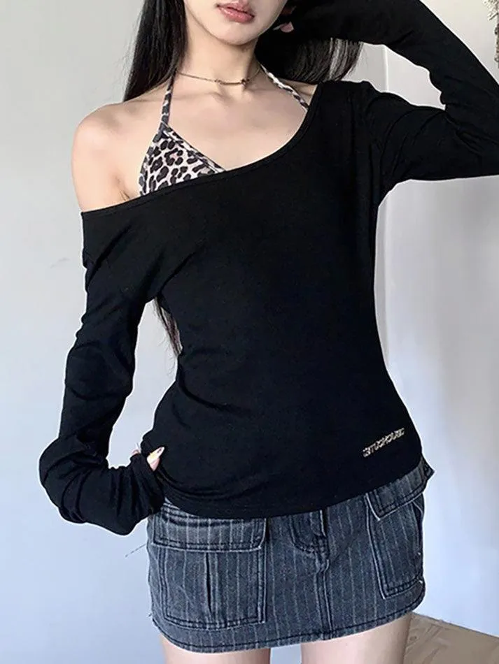 JazzHer Leopard Print One Shoulder Long Sleeve Tee