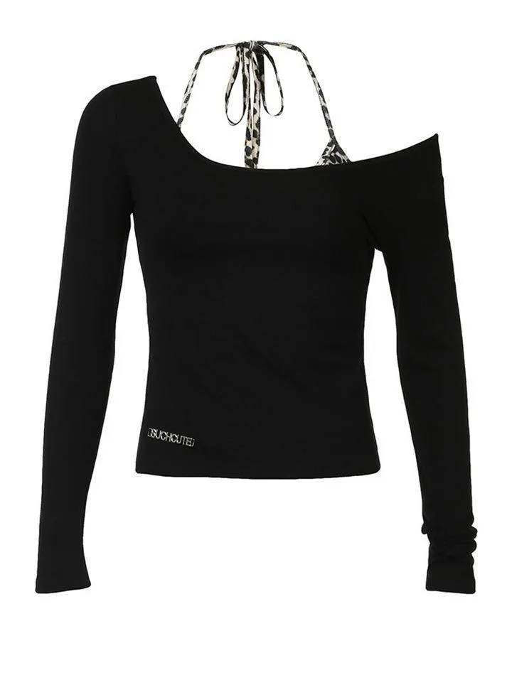 JazzHer Leopard Print One Shoulder Long Sleeve Tee