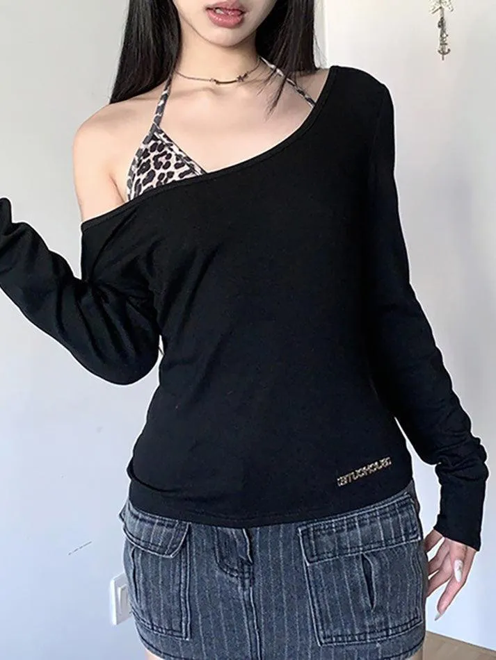 JazzHer Leopard Print One Shoulder Long Sleeve Tee