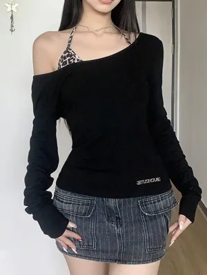 JazzHer Leopard Print One Shoulder Long Sleeve Tee