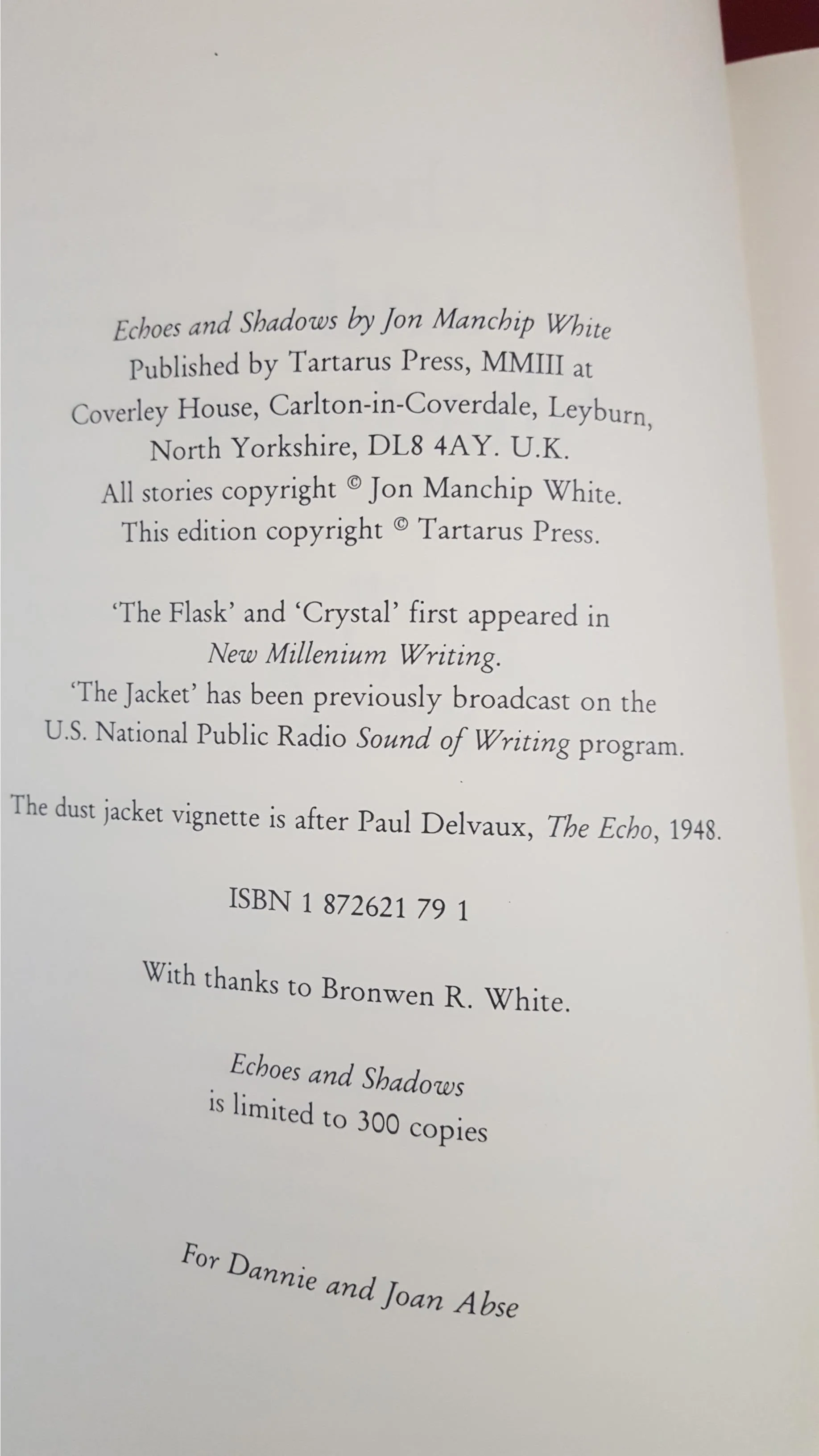 Jon Manchip White - Echoes and Shadows, Tartarus Press, 2003, First Edition, Limited