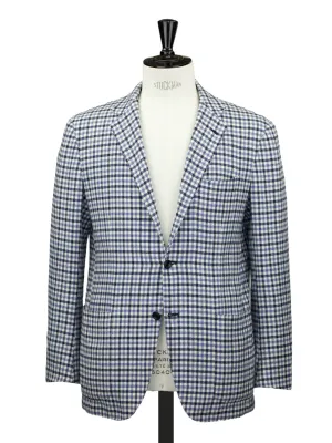 Kiton Ecru & Light Blue Pure Cashmere Gingham Check Jacket