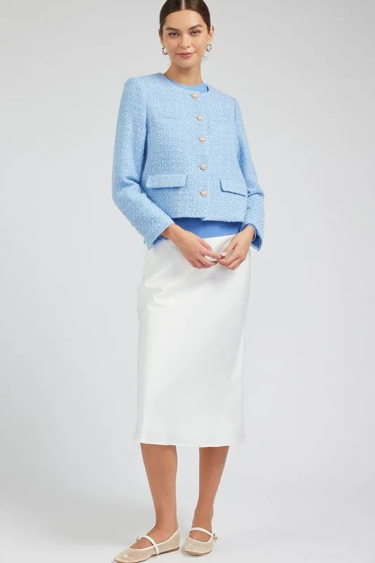 Long-Sleeve Round Neck Tweed Jacket