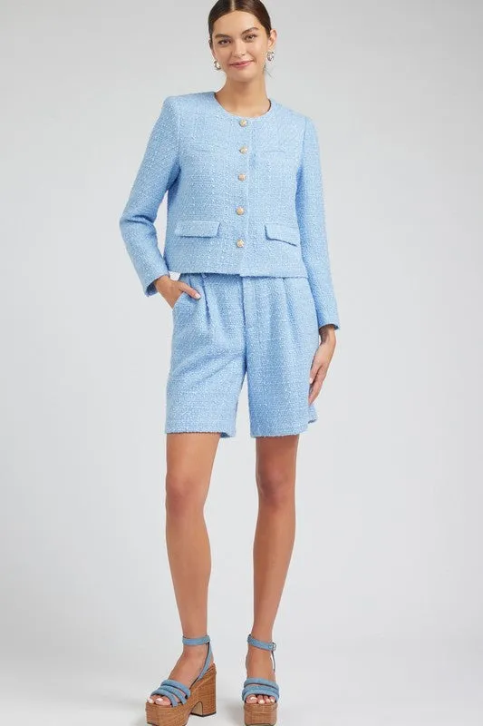 Long-Sleeve Round Neck Tweed Jacket