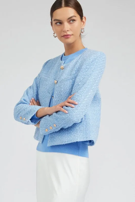 Long-Sleeve Round Neck Tweed Jacket