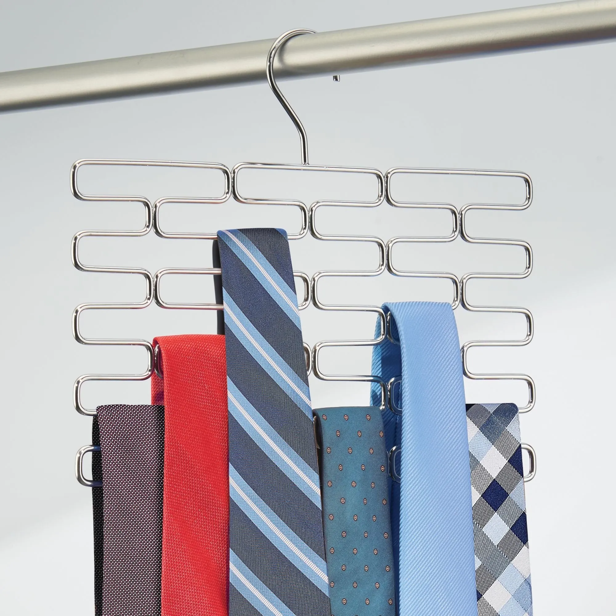 mDesign Metal Closet Over Rod Hanging Clothing and Accessory Organizer for Scarves, Wraps, Tights, Ties - Snag Free Design - 23 Sections, Modern Geometric Wire Design - 2 Pack - Chrome