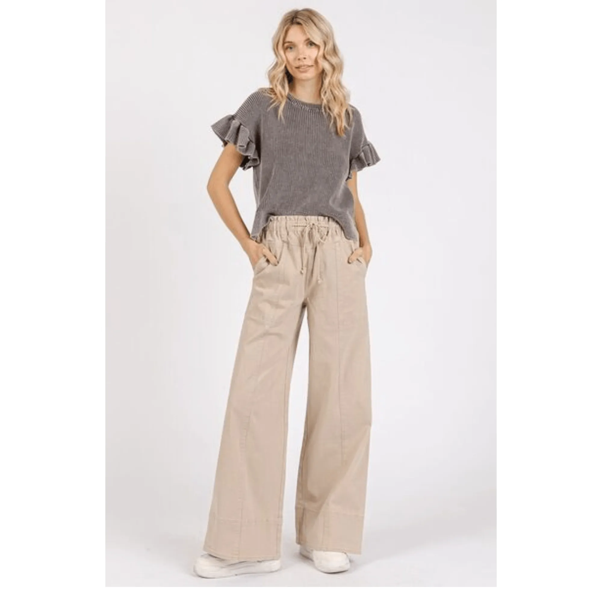 Mineral Wash Elastic Wide Leg Pants