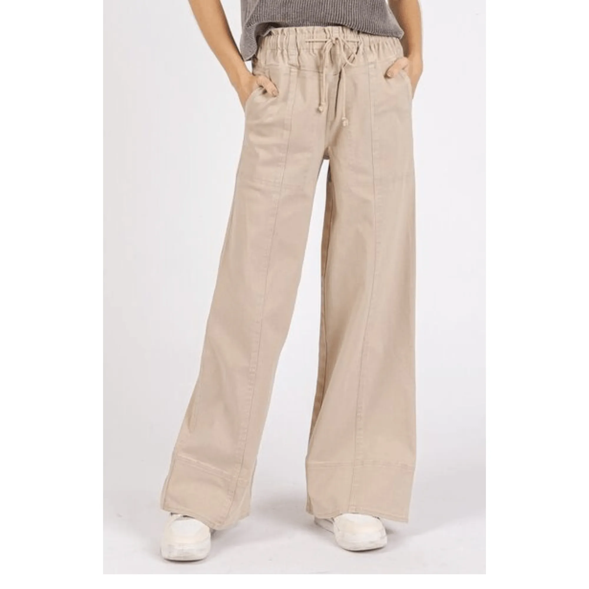 Mineral Wash Elastic Wide Leg Pants