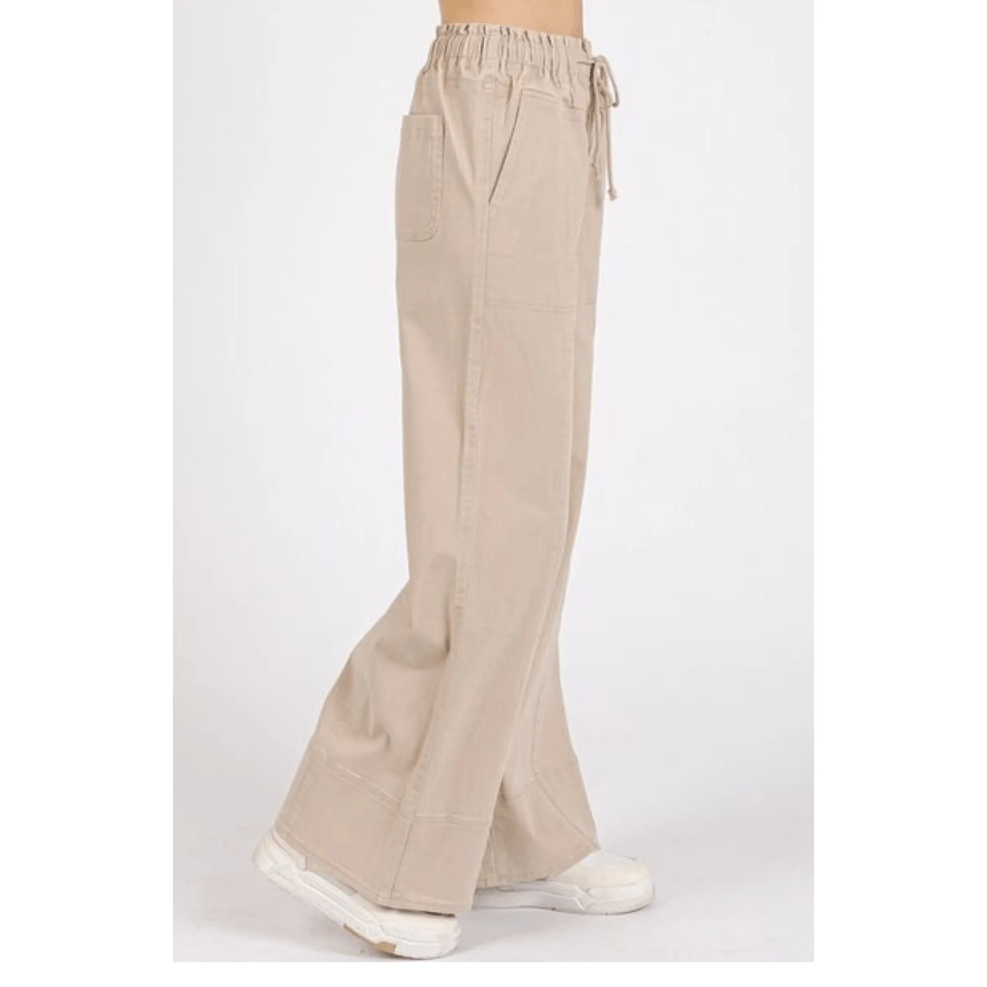 Mineral Wash Elastic Wide Leg Pants