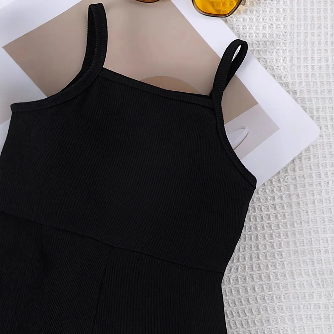 New summer girls' lapel denim vest with solid color suspenders jumpsuit two-piece suit