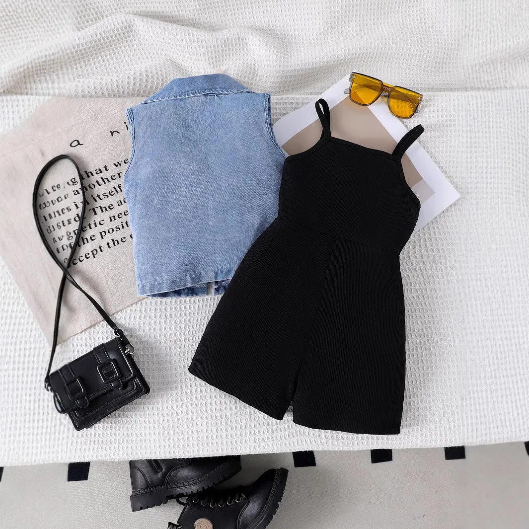 New summer girls' lapel denim vest with solid color suspenders jumpsuit two-piece suit