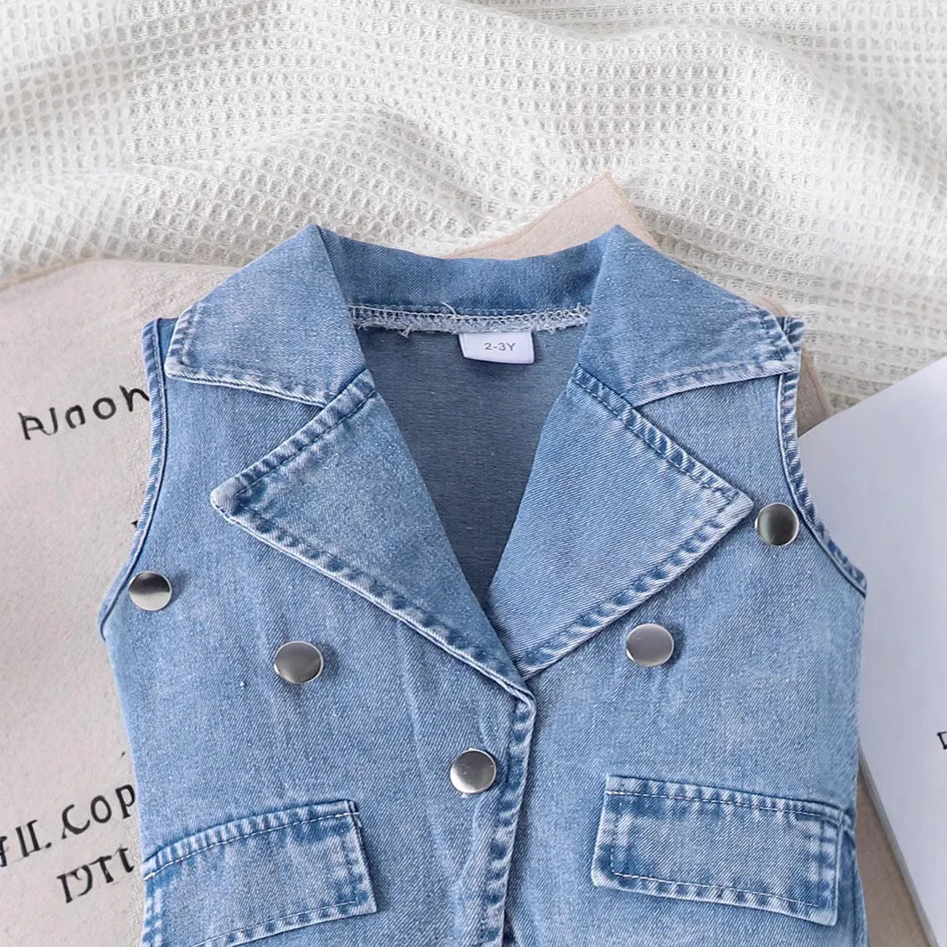 New summer girls' lapel denim vest with solid color suspenders jumpsuit two-piece suit