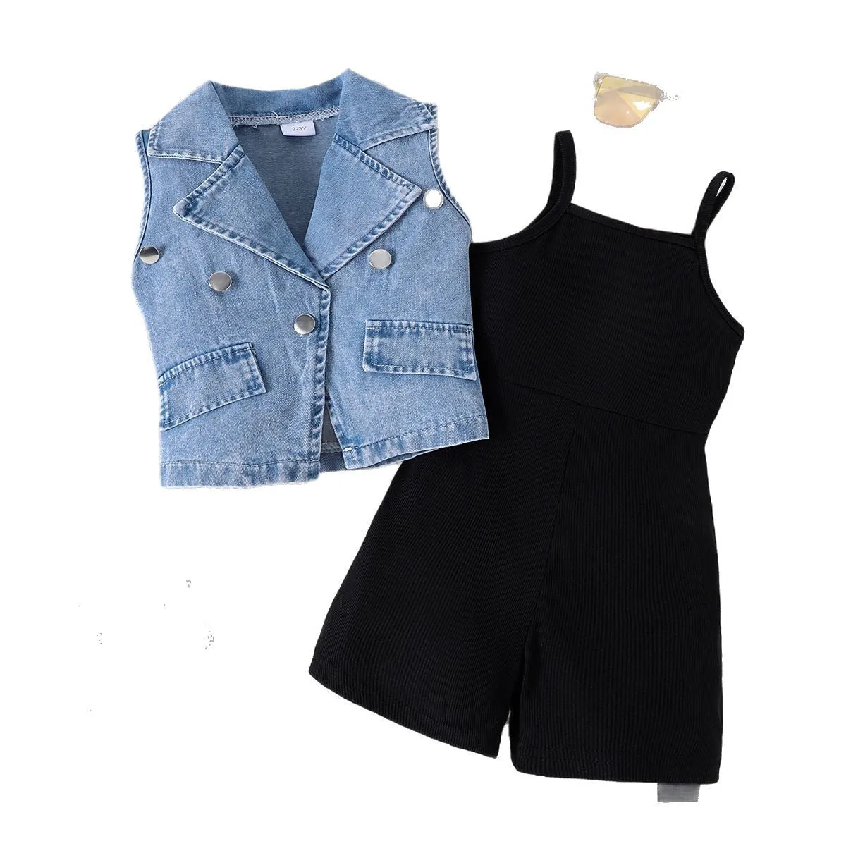 New summer girls' lapel denim vest with solid color suspenders jumpsuit two-piece suit