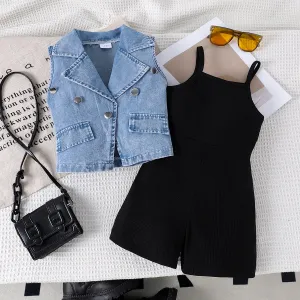 New summer girls' lapel denim vest with solid color suspenders jumpsuit two-piece suit