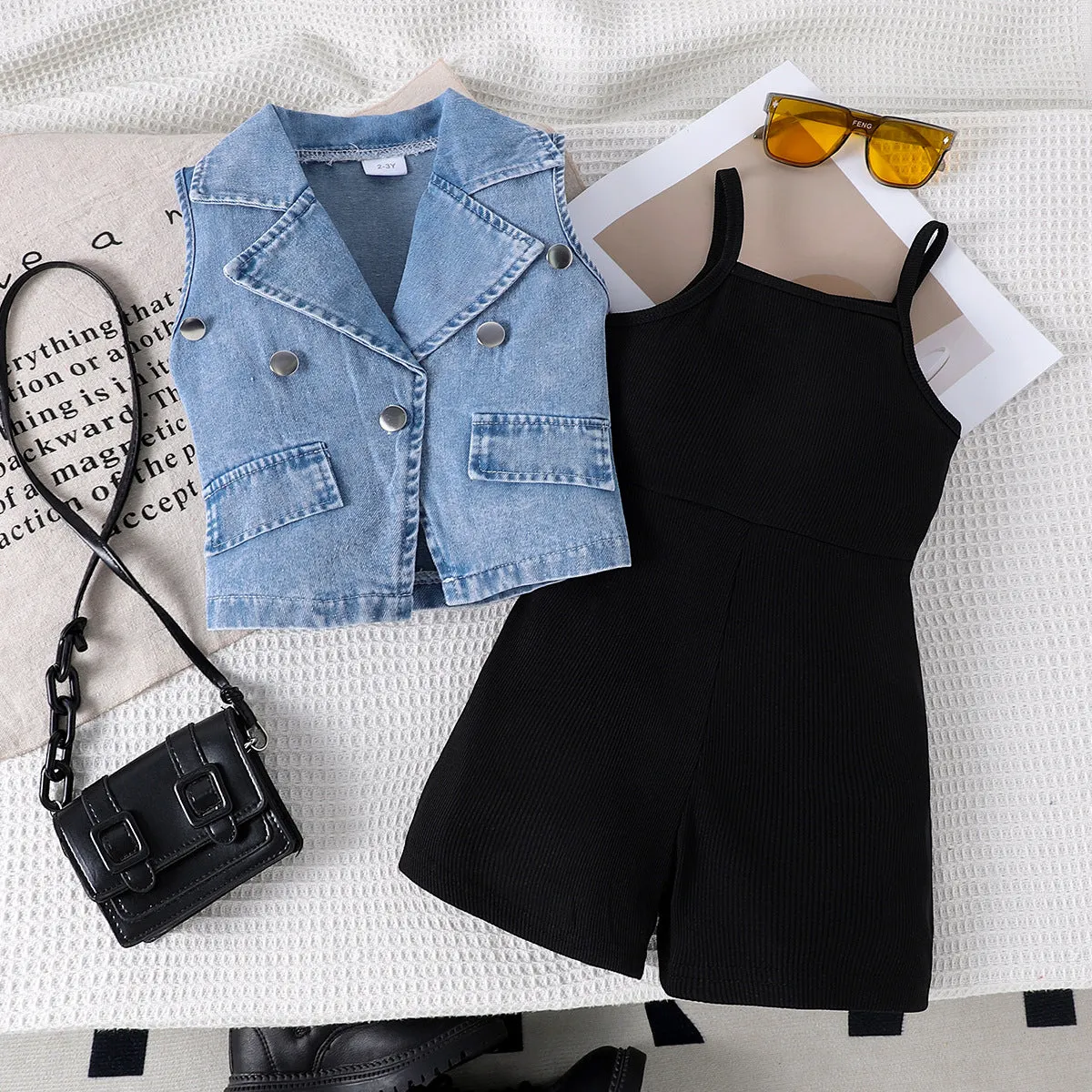 New summer girls' lapel denim vest with solid color suspenders jumpsuit two-piece suit