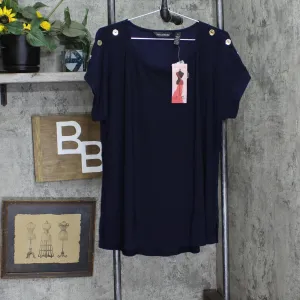 Nina Leonard Womens Jersey High-Low Tunic with Cuffed Sleeves Navy Blue 1X