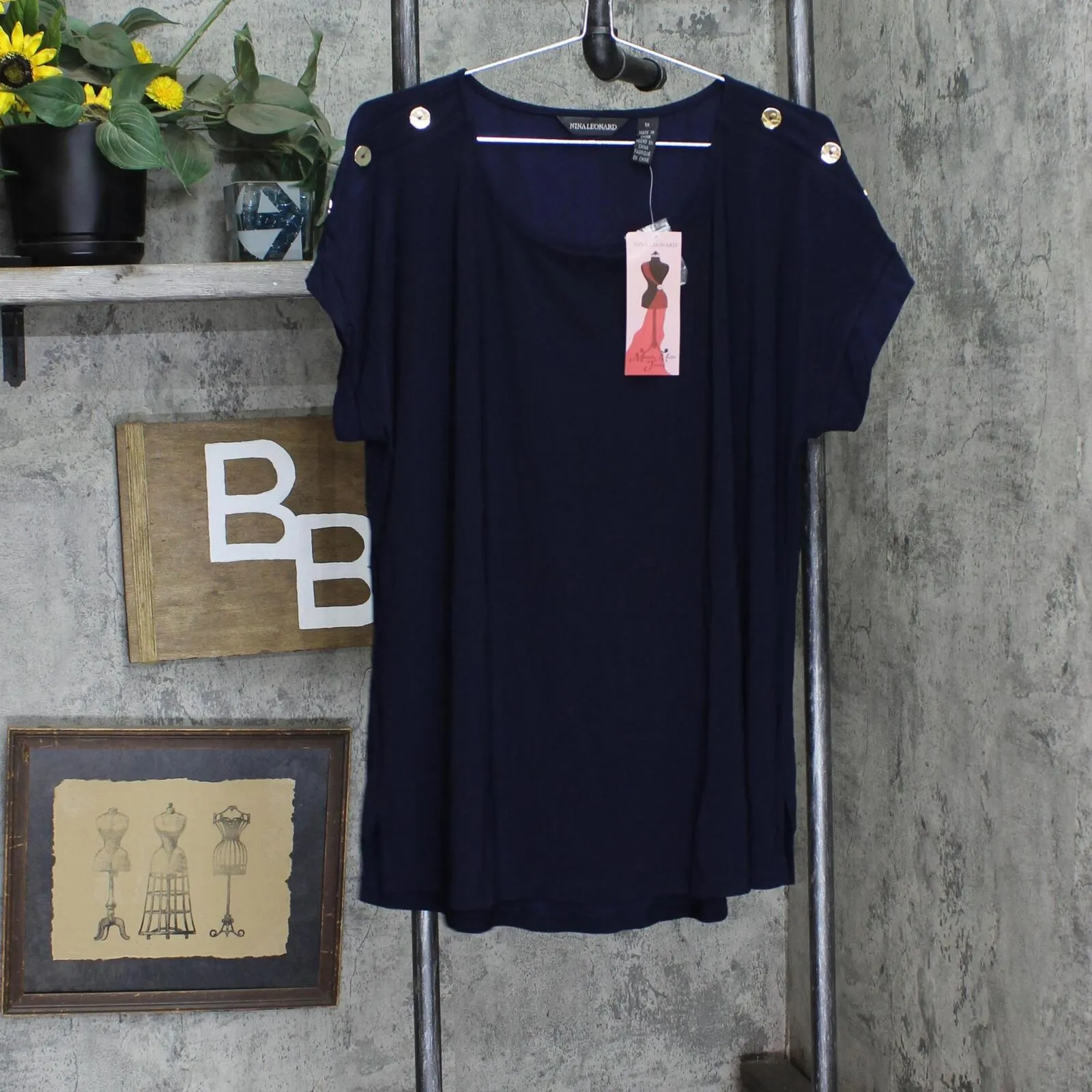 Nina Leonard Womens Jersey High-Low Tunic with Cuffed Sleeves Navy Blue 1X