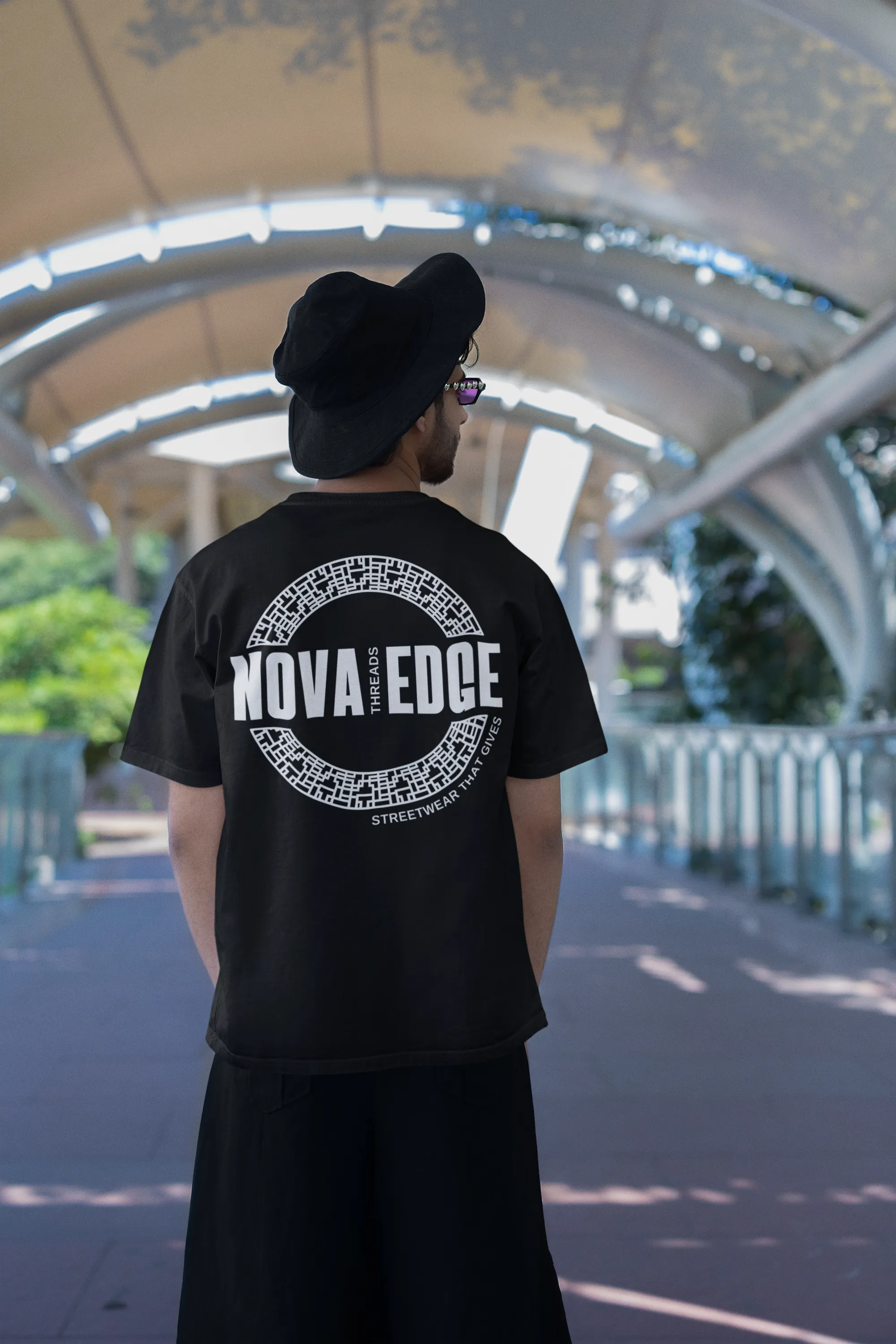 Nova Edge Threads Logo Graphic Tee Streetwear Intersectional Pride Gear on Black Oversize Deep Drop Shoulder Tee - 190 GSM