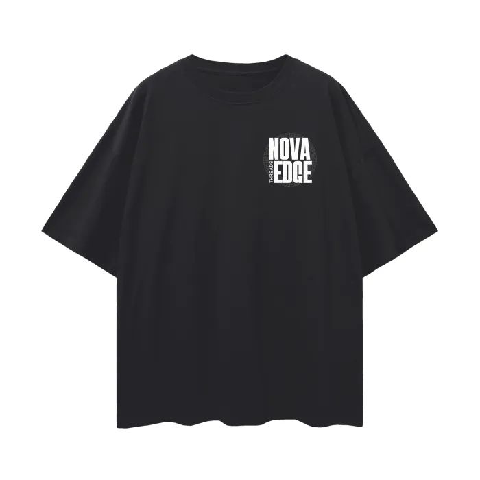 Nova Edge Threads Logo Graphic Tee Streetwear Intersectional Pride Gear on Black Oversize Deep Drop Shoulder Tee - 190 GSM