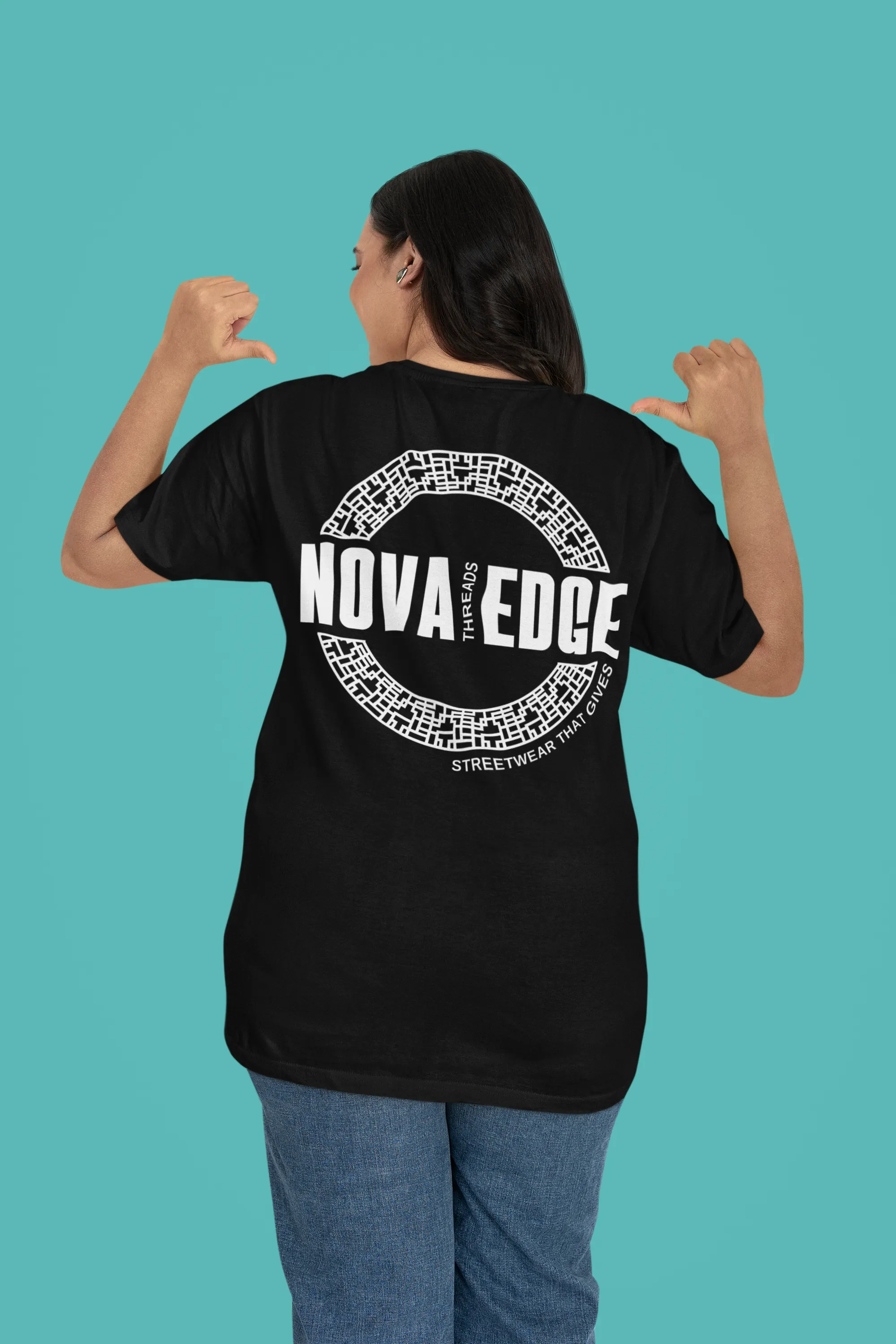 Nova Edge Threads Logo Graphic Tee Streetwear Intersectional Pride Gear on Black Oversize Deep Drop Shoulder Tee - 190 GSM