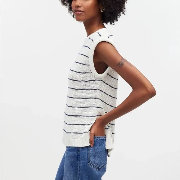 NWT Madewell Puff-Trim Sweater Vest in Stripe Bright Ivory Size Small S