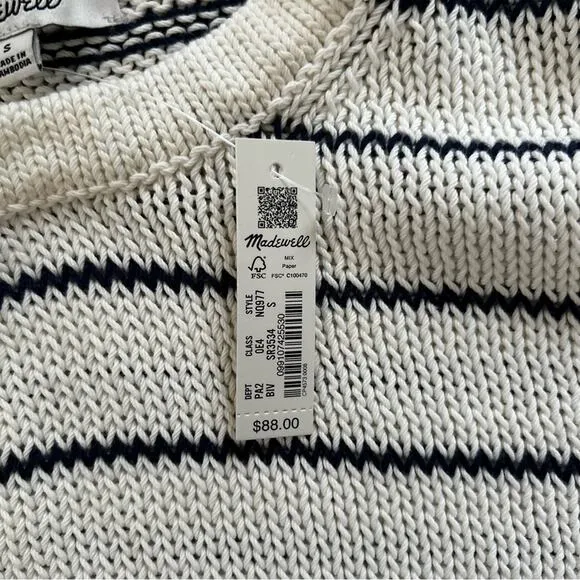 NWT Madewell Puff-Trim Sweater Vest in Stripe Bright Ivory Size Small S